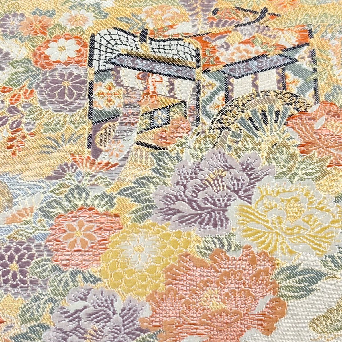 【美品】 袋帶 秀品級 御所車 花鳥 刺繡 金銀彩 灰白 六通 純蠶絲