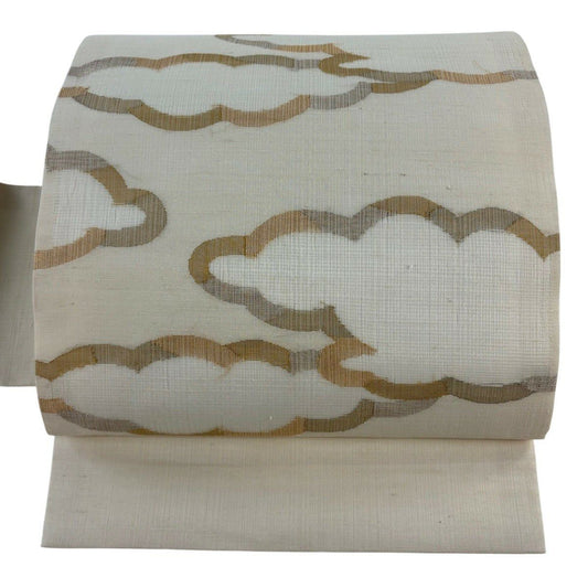 【美品】名古屋帶 優品級 紬織織 雲 金絲 奶油色 純蠶絲