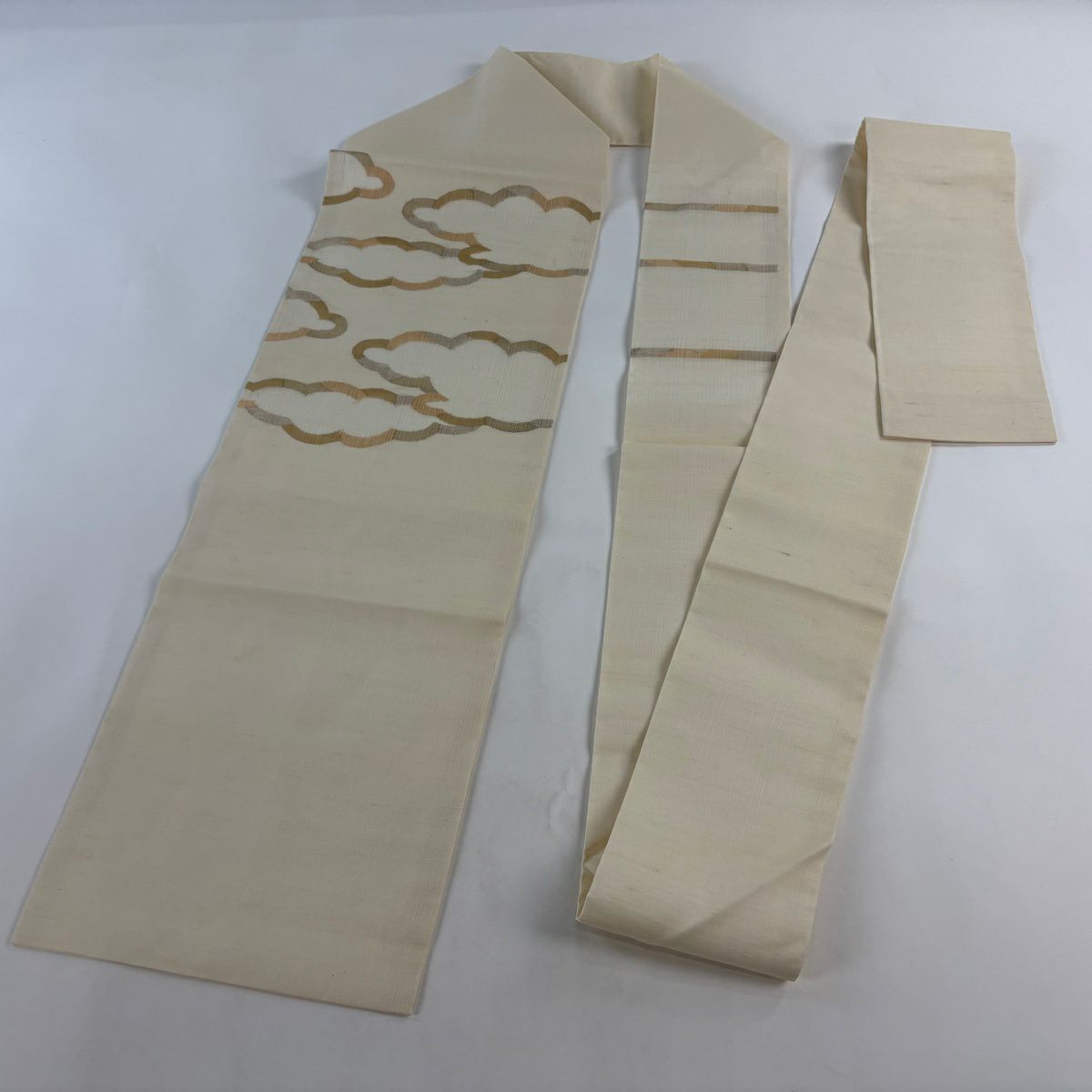 【美品】名古屋帶 優品級 紬織織 雲 金絲 奶油色 純蠶絲