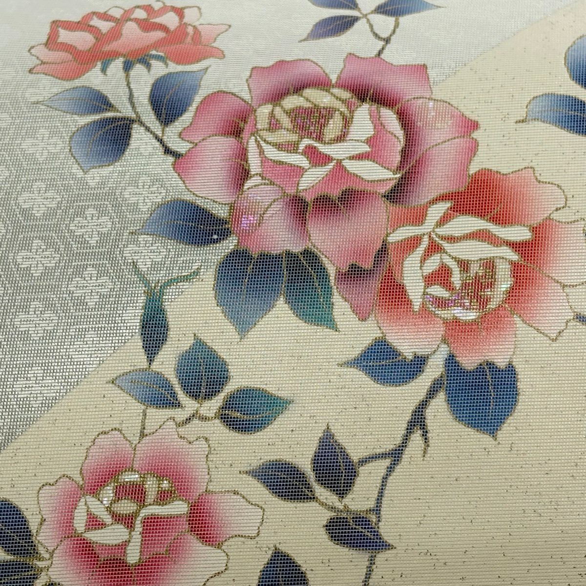 【美品】 名古屋帶 秀品級 螺鈿織 薔薇 金銀彩 金金箔 奶油色 純蠶絲
