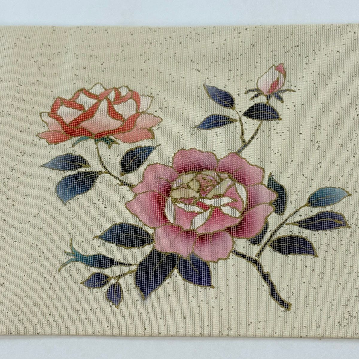 【美品】 名古屋帶 秀品級 螺鈿織 薔薇 金銀彩 金金箔 奶油色 純蠶絲