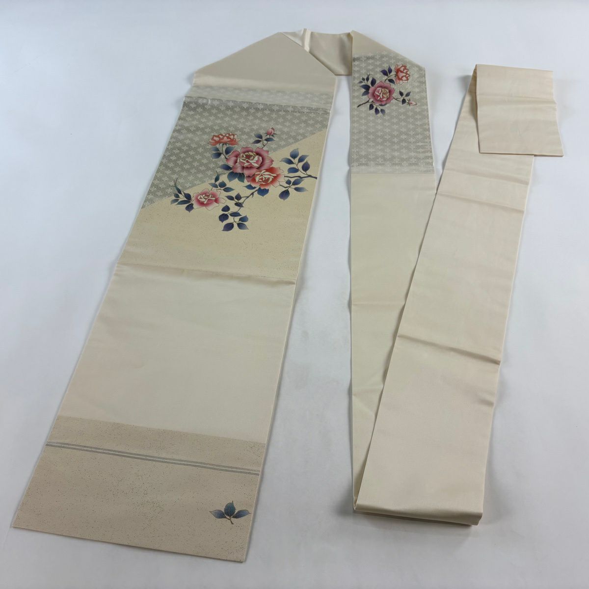 【美品】 名古屋帶 秀品級 螺鈿織 薔薇 金銀彩 金金箔 奶油色 純蠶絲