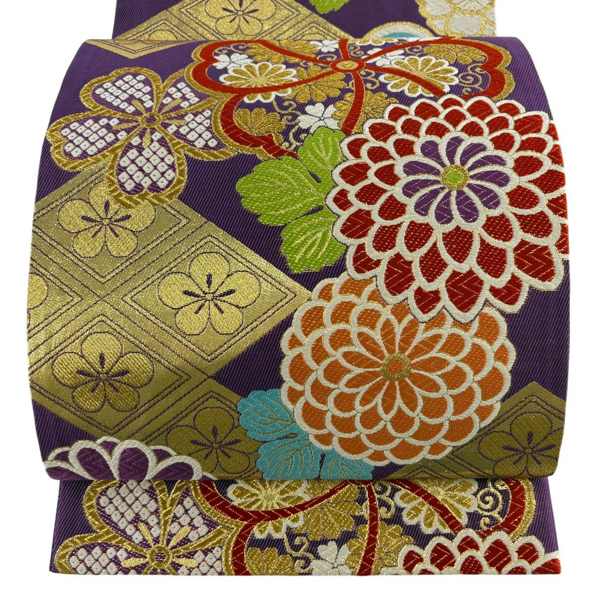 【美品】 袋帶 秀品級 振袖禮服禮服用 草花紋紋 笠松樹 金絲 金金箔 紫色 六通 純蠶絲