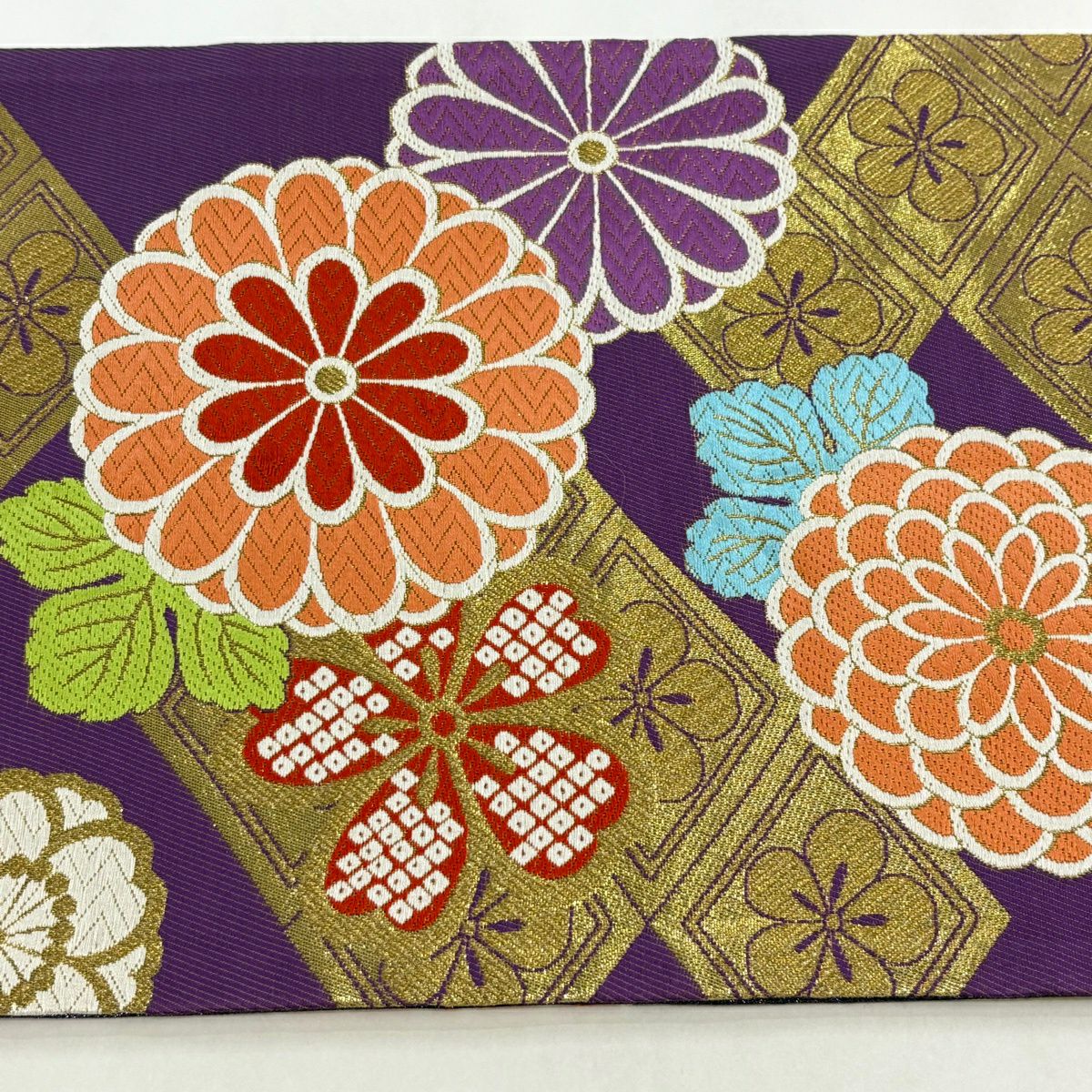 【美品】 袋帶 秀品級 振袖禮服禮服用 草花紋紋 笠松樹 金絲 金金箔 紫色 六通 純蠶絲