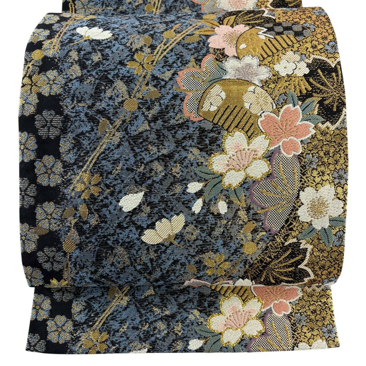 【美品】 袋帶 秀品級 大和 櫻花 髮梳 金金箔 金絲 青灰 六通 純蠶絲