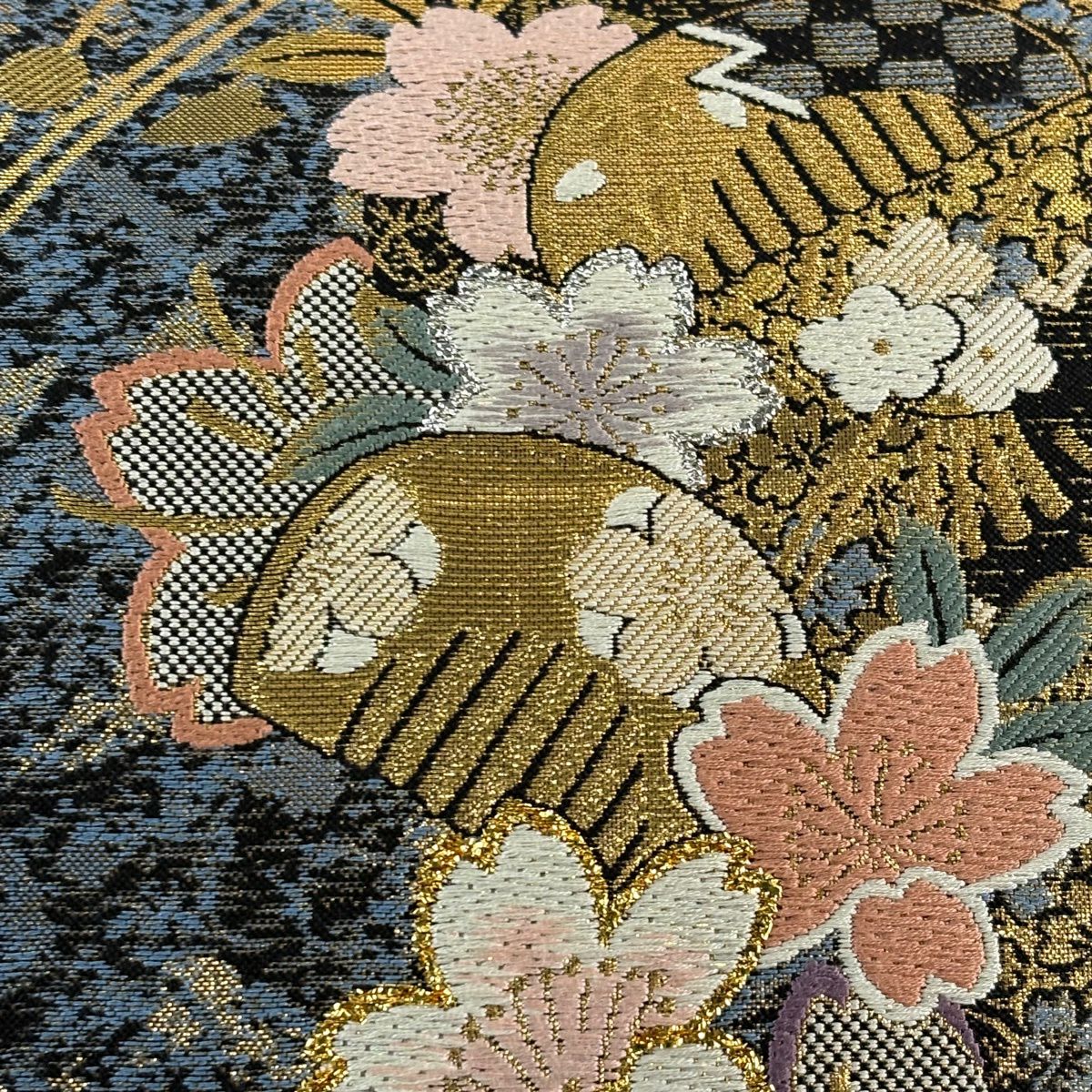 【美品】 袋帶 秀品級 大和 櫻花 髮梳 金金箔 金絲 青灰 六通 純蠶絲