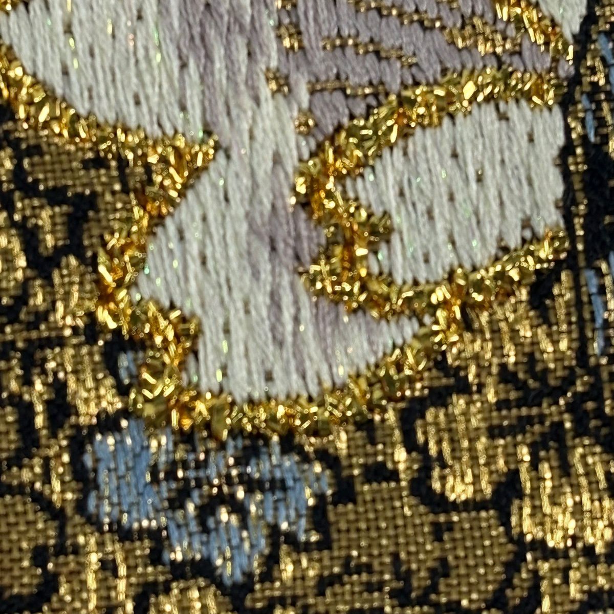 【美品】 袋帶 秀品級 大和 櫻花 髮梳 金金箔 金絲 青灰 六通 純蠶絲