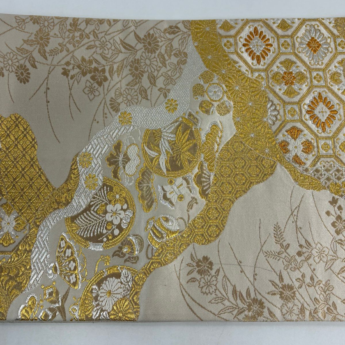 袋帶 秀品級 松樹竹子梅花 華紋 金銀絲 金金箔 奶油 全通 純蠶絲