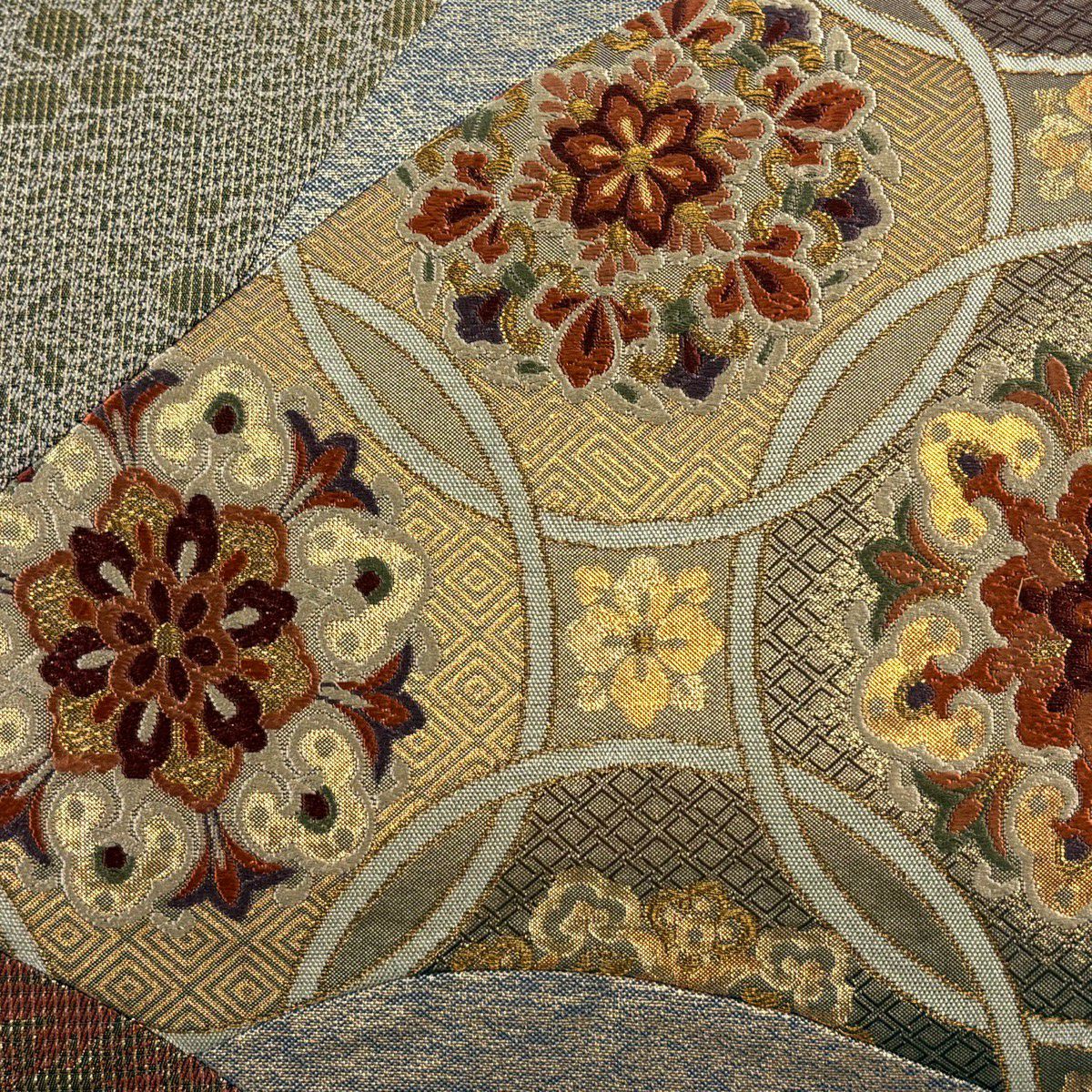 【美品】 袋帶 秀品級 華紋 花唐草紋 切嵌 金金箔 灰 深藍柄 純蠶絲