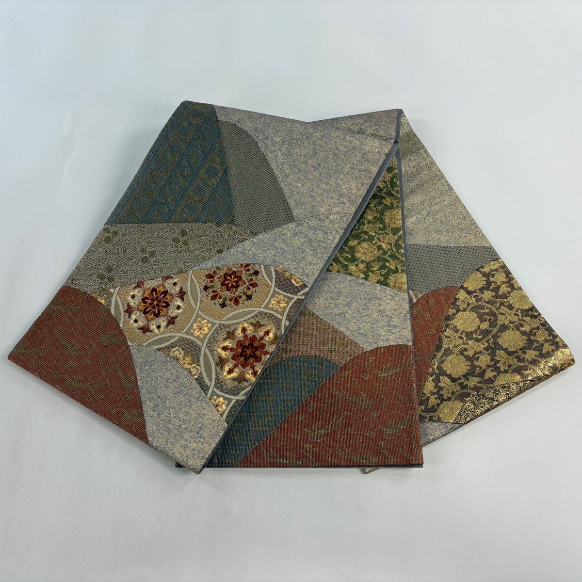 【美品】 袋帶 秀品級 華紋 花唐草紋 切嵌 金金箔 灰 深藍柄 純蠶絲