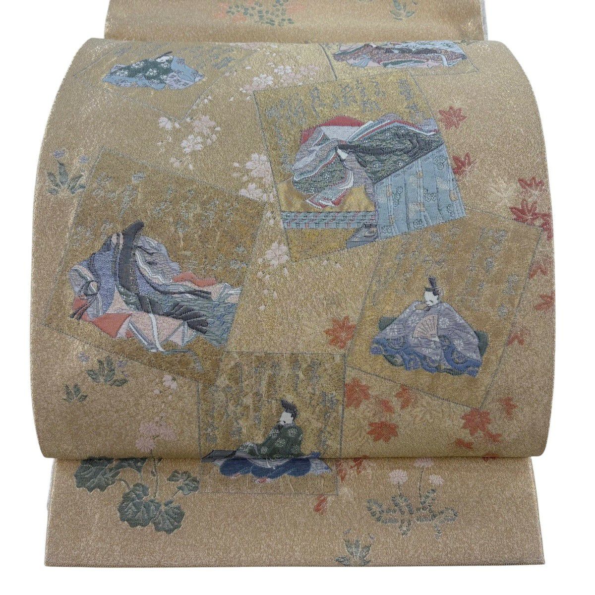 【美品】 袋帶 秀品級 百人一首 草花紋 金絲 金色 大鼓圖案 純蠶絲