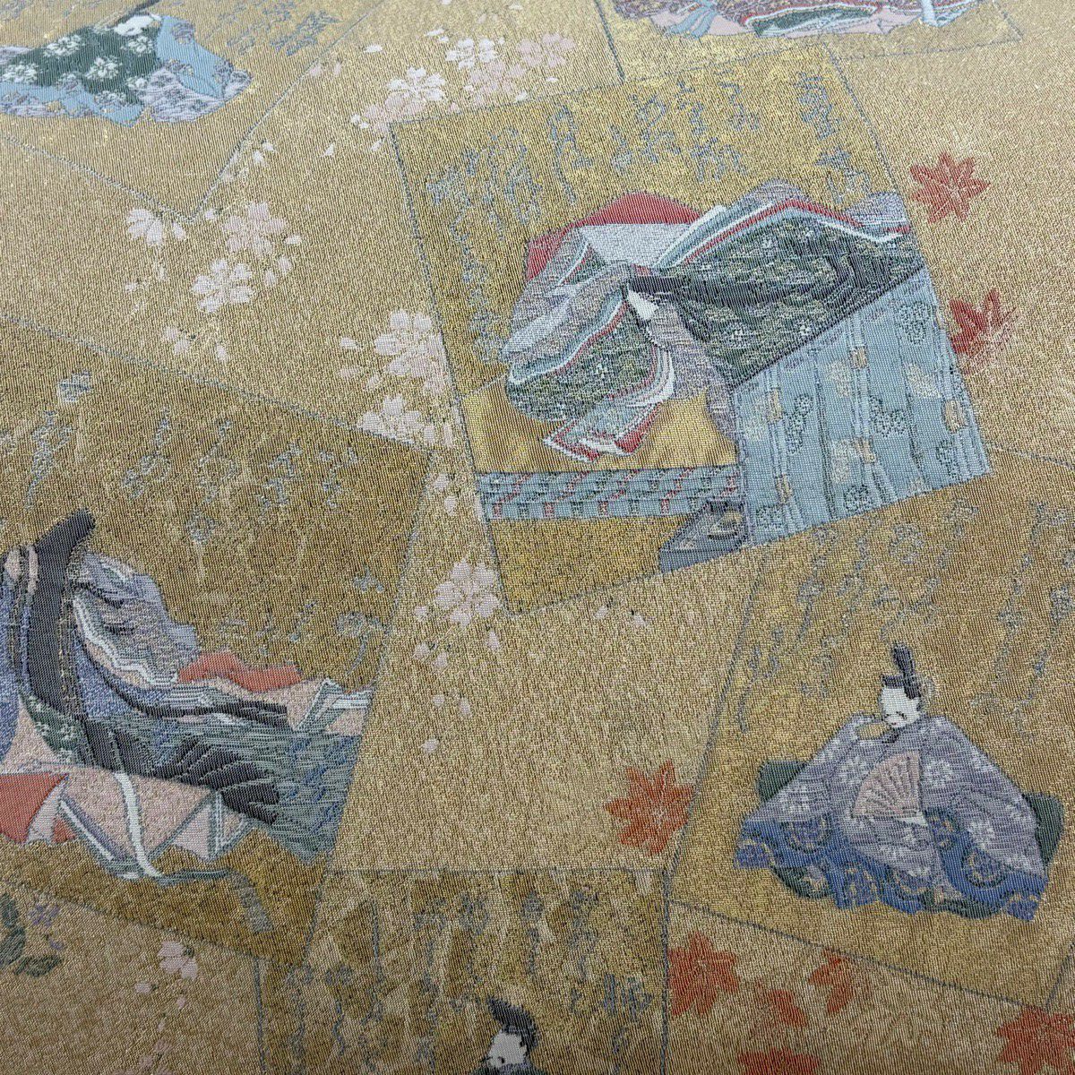 【美品】 袋帶 秀品級 百人一首 草花紋 金絲 金色 大鼓圖案 純蠶絲