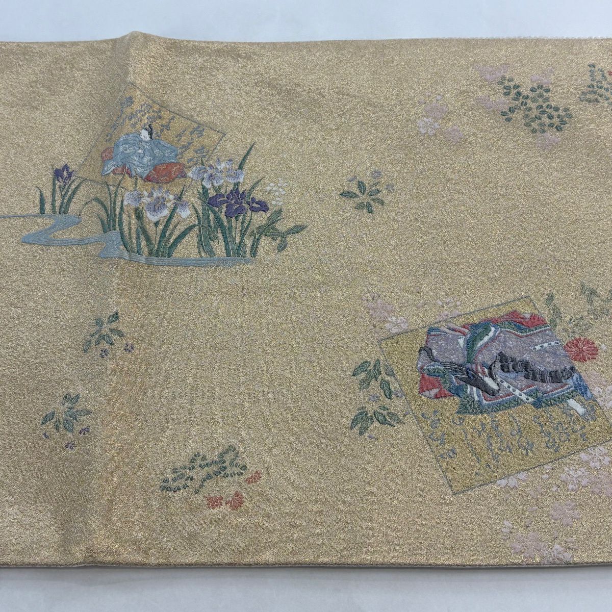 【美品】 袋帶 秀品級 百人一首 草花紋 金絲 金色 大鼓圖案 純蠶絲