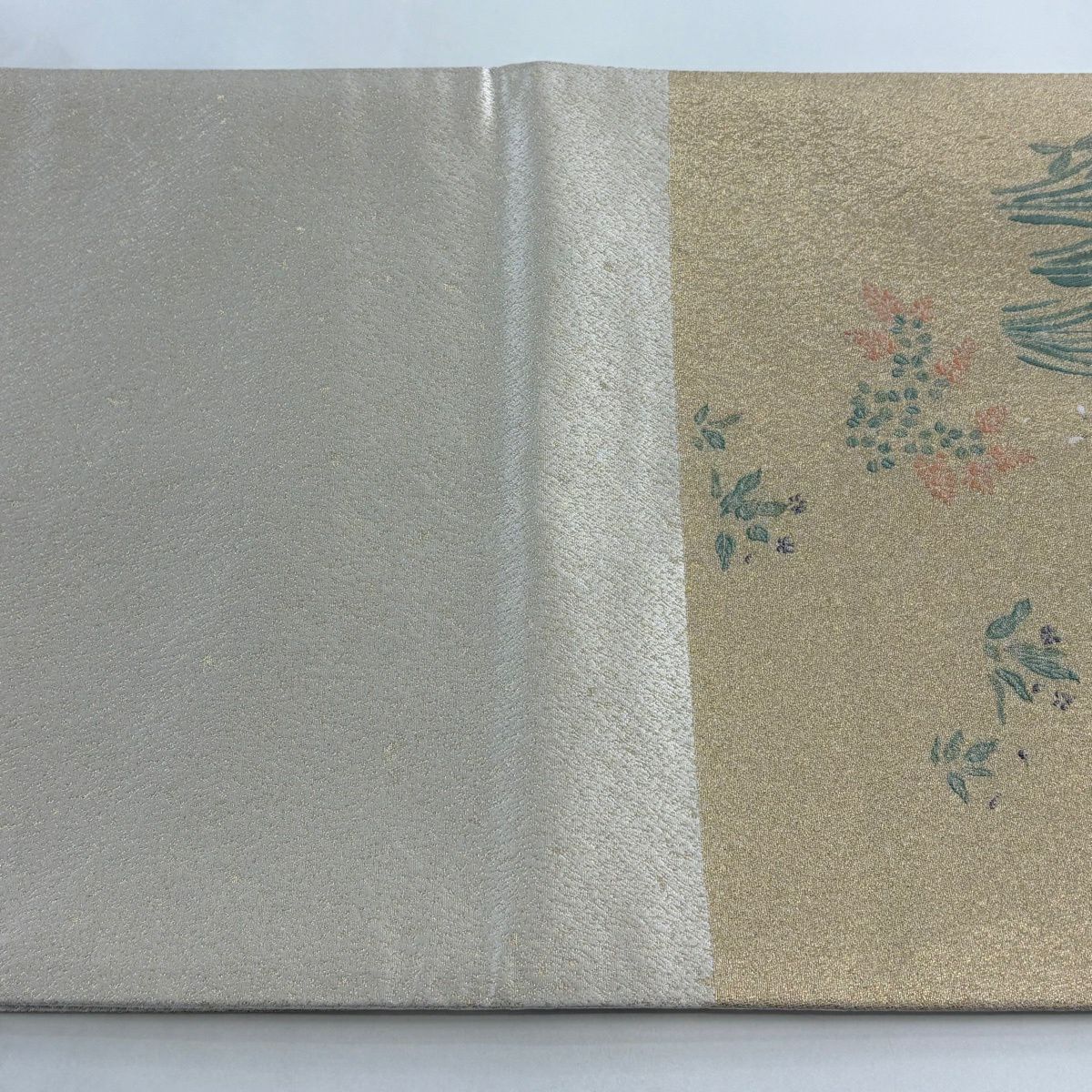 【美品】 袋帶 秀品級 百人一首 草花紋 金絲 金色 大鼓圖案 純蠶絲