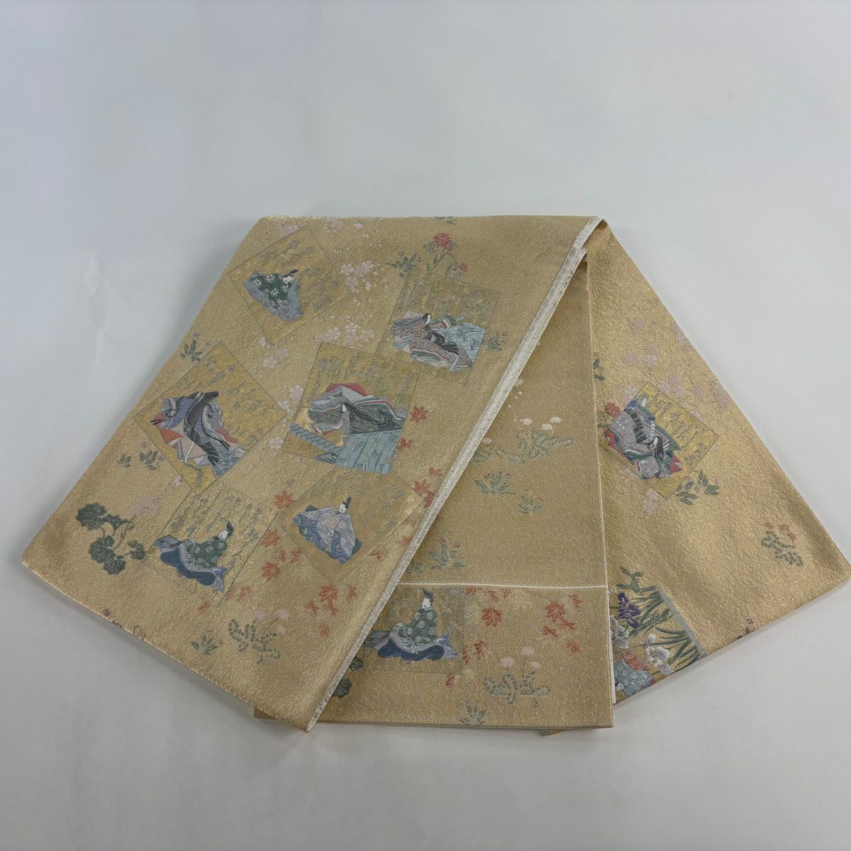 【美品】 袋帶 秀品級 百人一首 草花紋 金絲 金色 大鼓圖案 純蠶絲