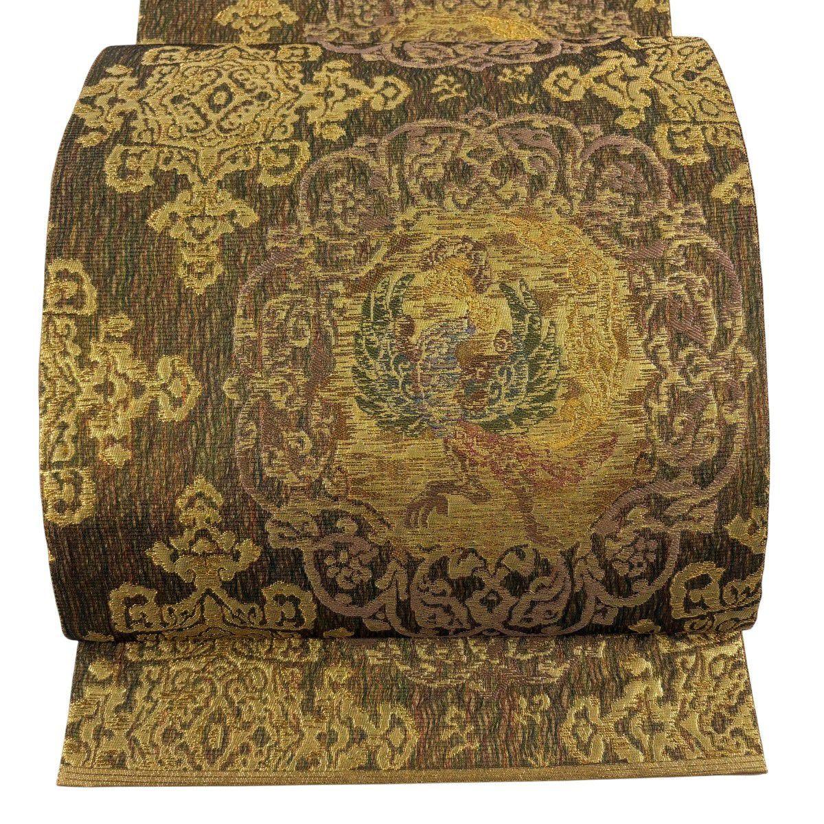 【美品】 袋帶 秀品級 鳳凰 幾何學圖案 金絲 金金箔 金茶 六通 純蠶絲