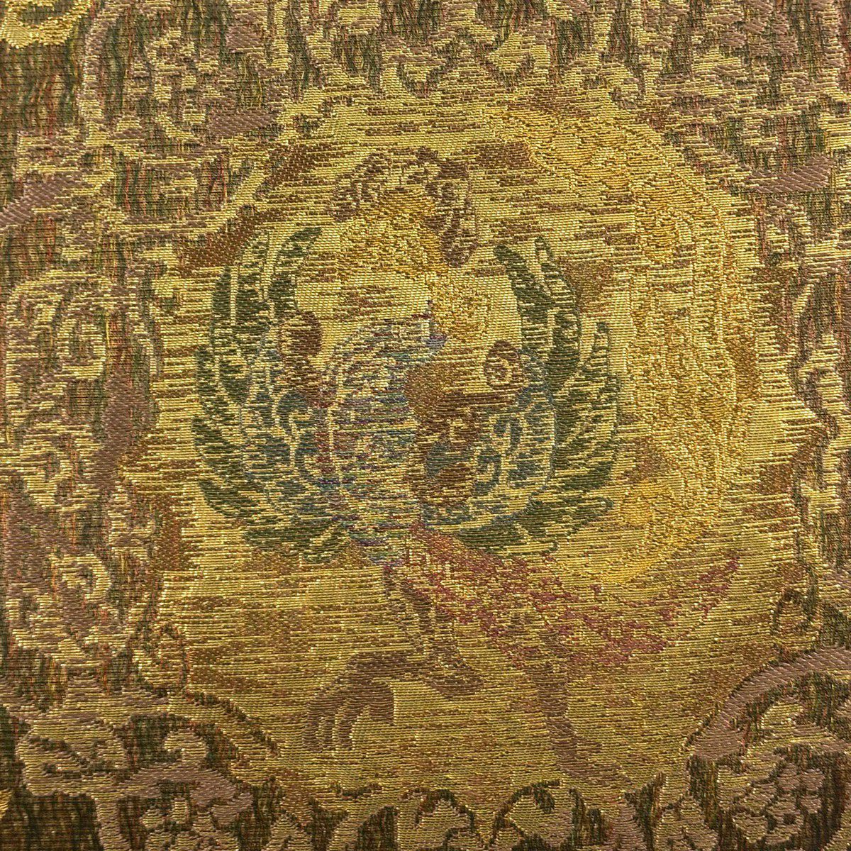 【美品】 袋帶 秀品級 鳳凰 幾何學圖案 金絲 金金箔 金茶 六通 純蠶絲
