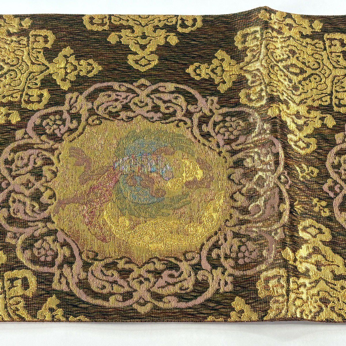 【美品】 袋帶 秀品級 鳳凰 幾何學圖案 金絲 金金箔 金茶 六通 純蠶絲