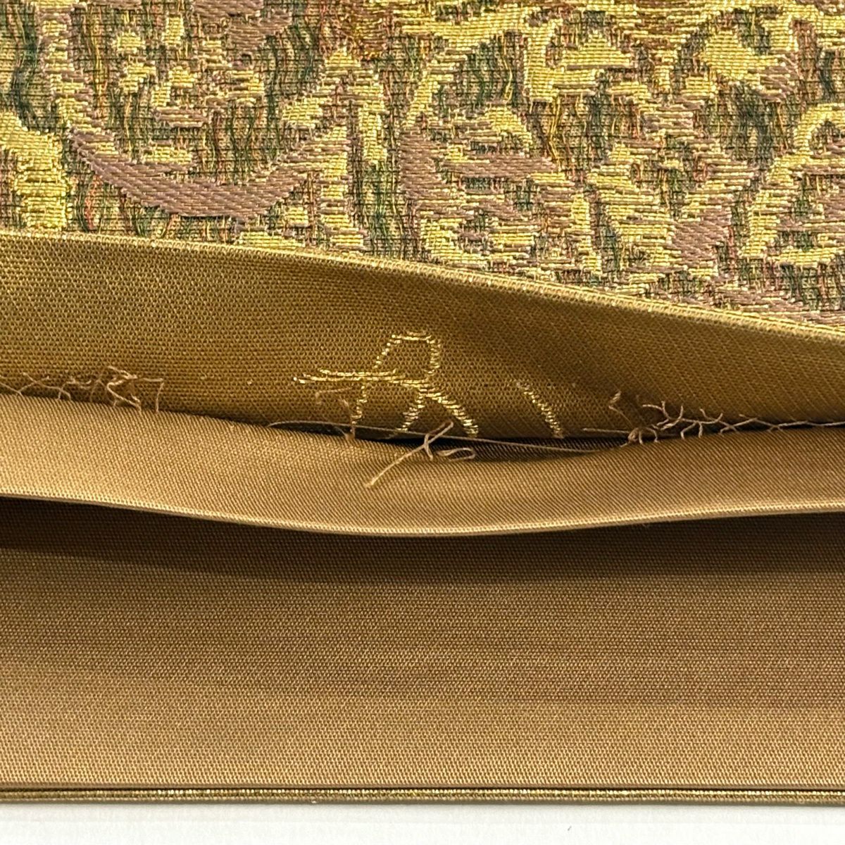【美品】 袋帶 秀品級 鳳凰 幾何學圖案 金絲 金金箔 金茶 六通 純蠶絲