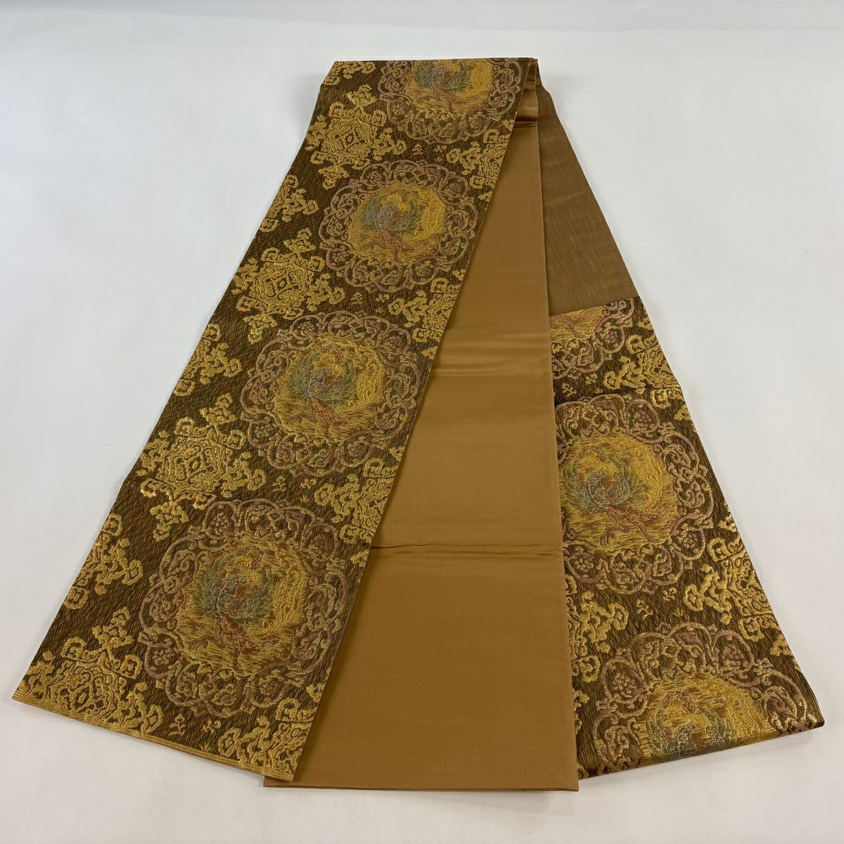 【美品】 袋帶 秀品級 鳳凰 幾何學圖案 金絲 金金箔 金茶 六通 純蠶絲
