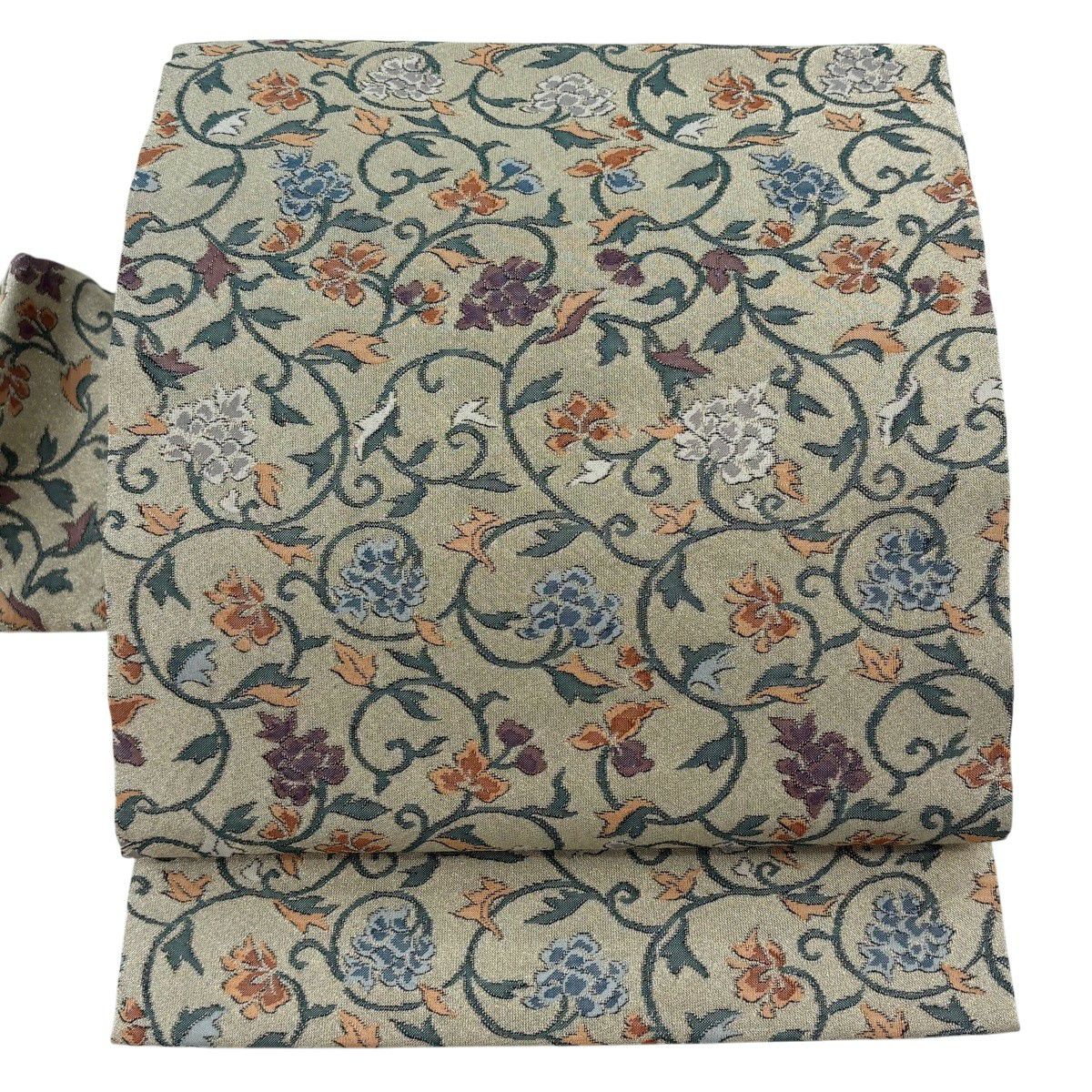 【美品】 名古屋帶 秀品級 花唐草紋 金銀彩 灰綠 純蠶絲