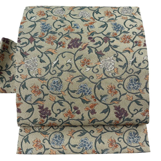 【美品】 名古屋帶 秀品級 花唐草紋 金銀彩 灰綠 純蠶絲