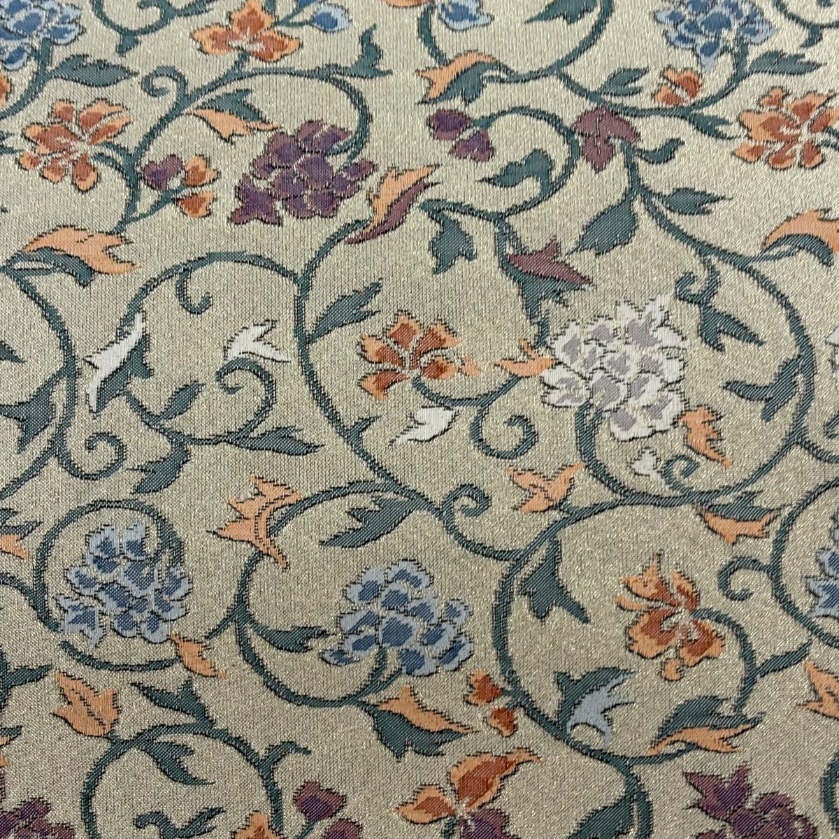 【美品】 名古屋帶 秀品級 花唐草紋 金銀彩 灰綠 純蠶絲