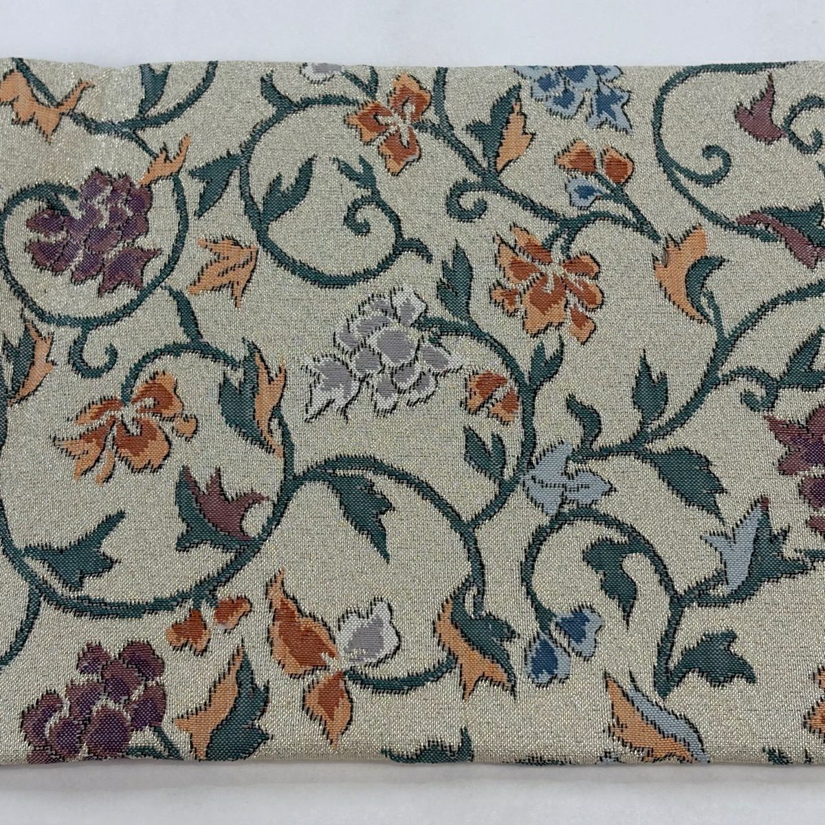 【美品】 名古屋帶 秀品級 花唐草紋 金銀彩 灰綠 純蠶絲