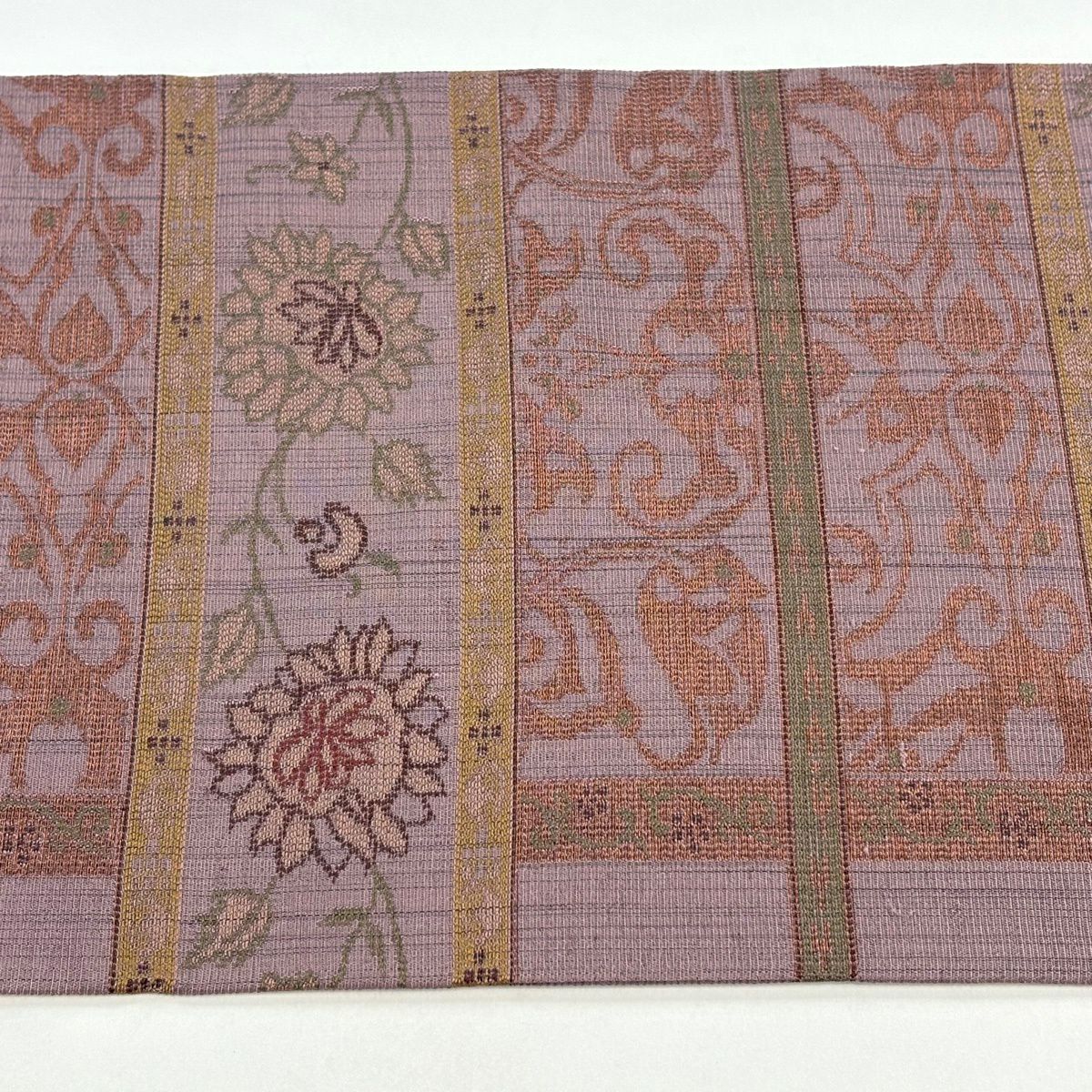 【美品】名古屋帶 優品級 草花紋 橫段 灰紫 純蠶絲
