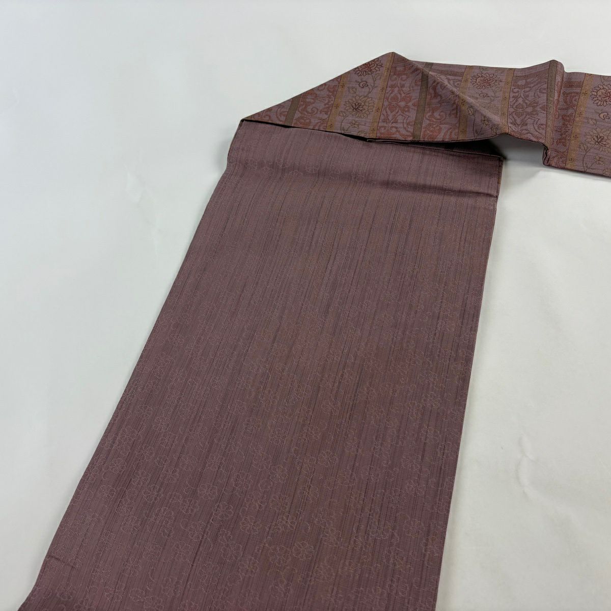 【美品】名古屋帶 優品級 草花紋 橫段 灰紫 純蠶絲