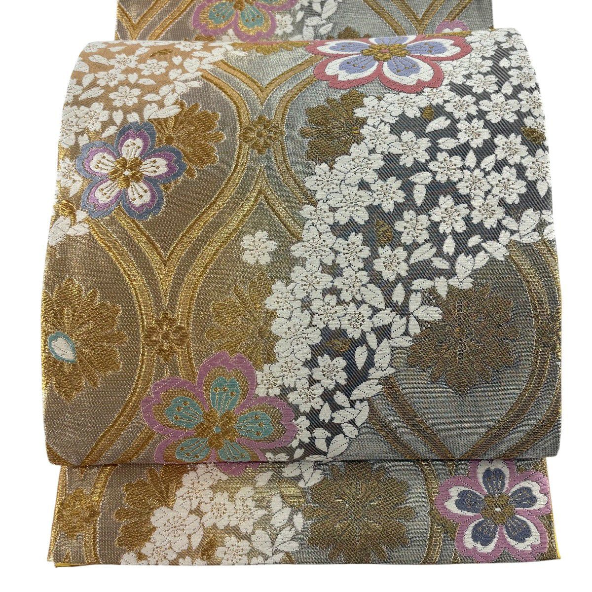 【美品】 袋帶 秀品級 振袖禮服禮服用 櫻花 幾何圖案 金銀線 銀色 六通 純蠶絲