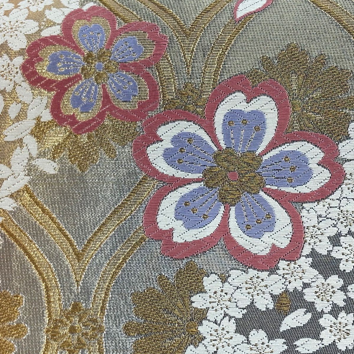 【美品】 袋帶 秀品級 振袖禮服禮服用 櫻花 幾何圖案 金銀線 銀色 六通 純蠶絲