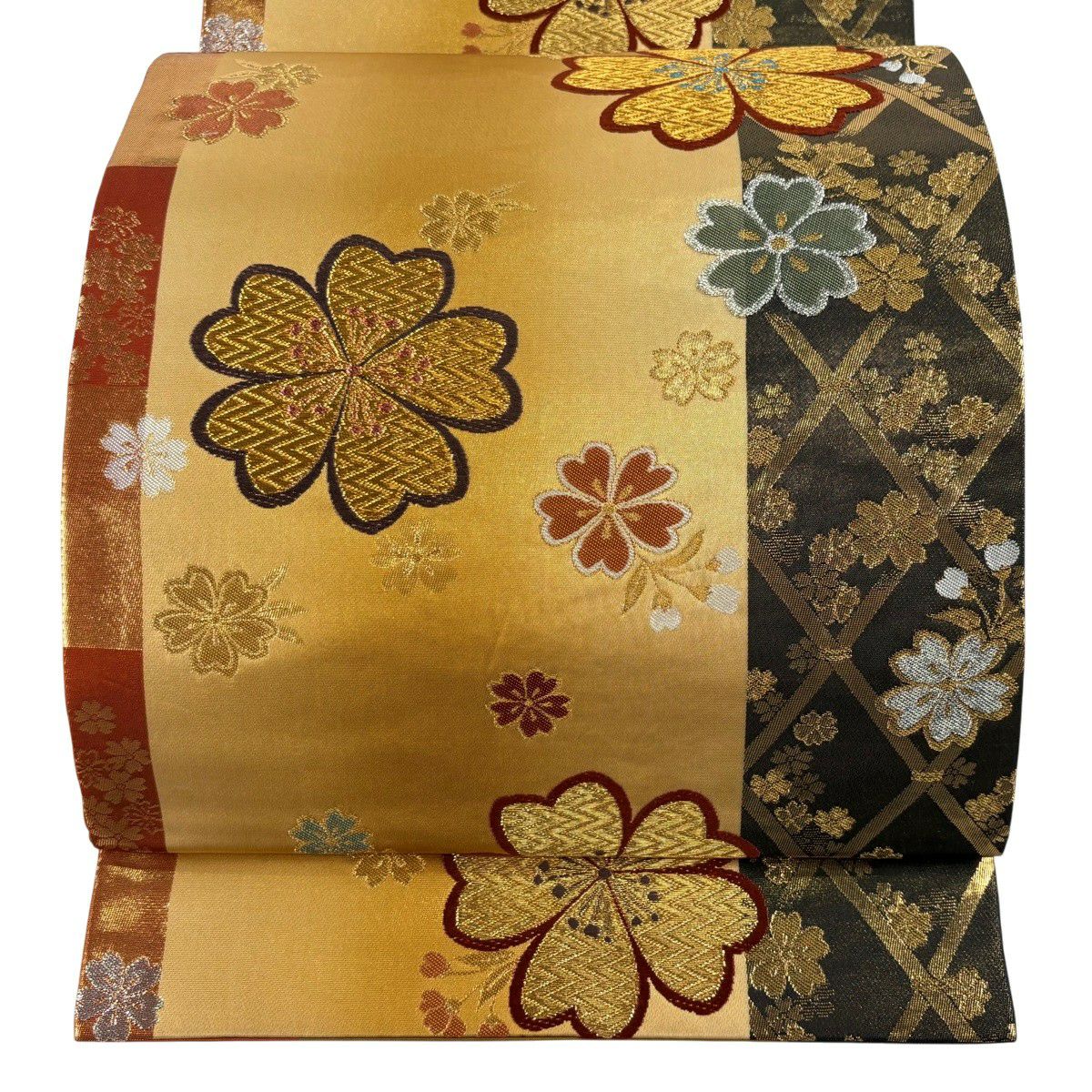 【美品】 袋帶 秀品級 振袖禮服禮服用 櫻花 金銀線 唐織 金色 六通 純蠶絲