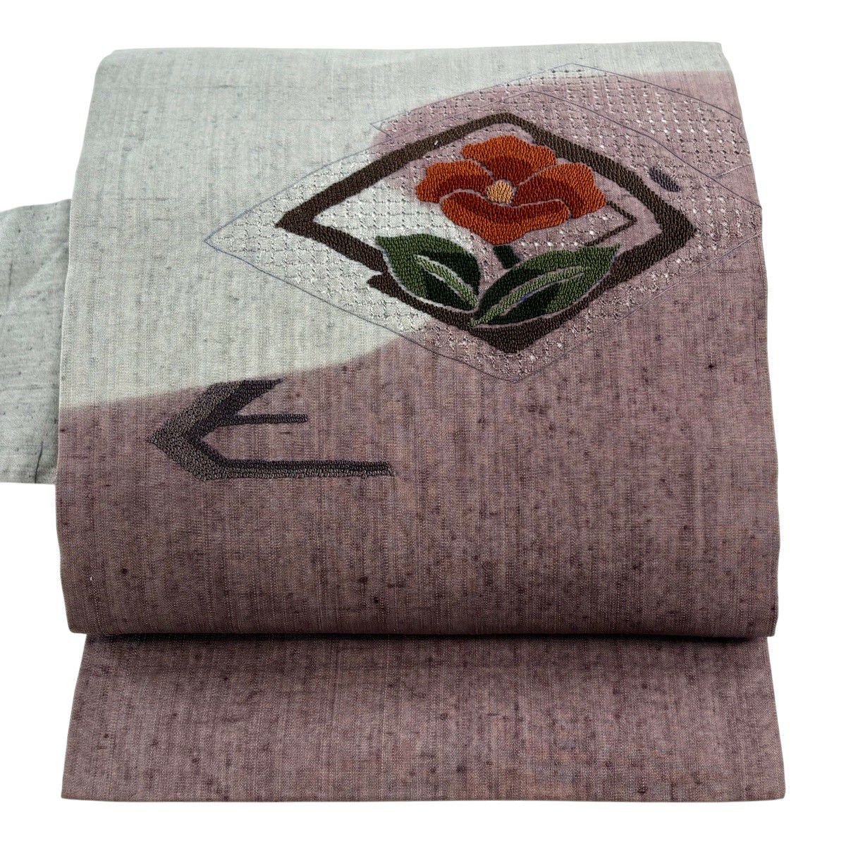 【美品】名古屋帶 秀品級 草花紋刺繡 紬織織 灰色 純蠶絲