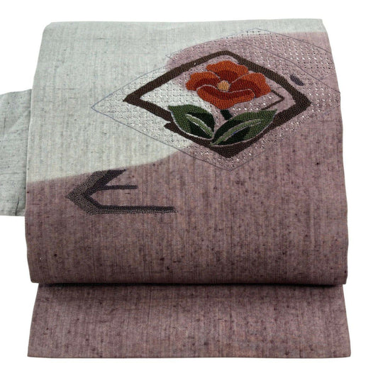 【美品】名古屋帶 秀品級 草花紋刺繡 紬織織 灰色 純蠶絲