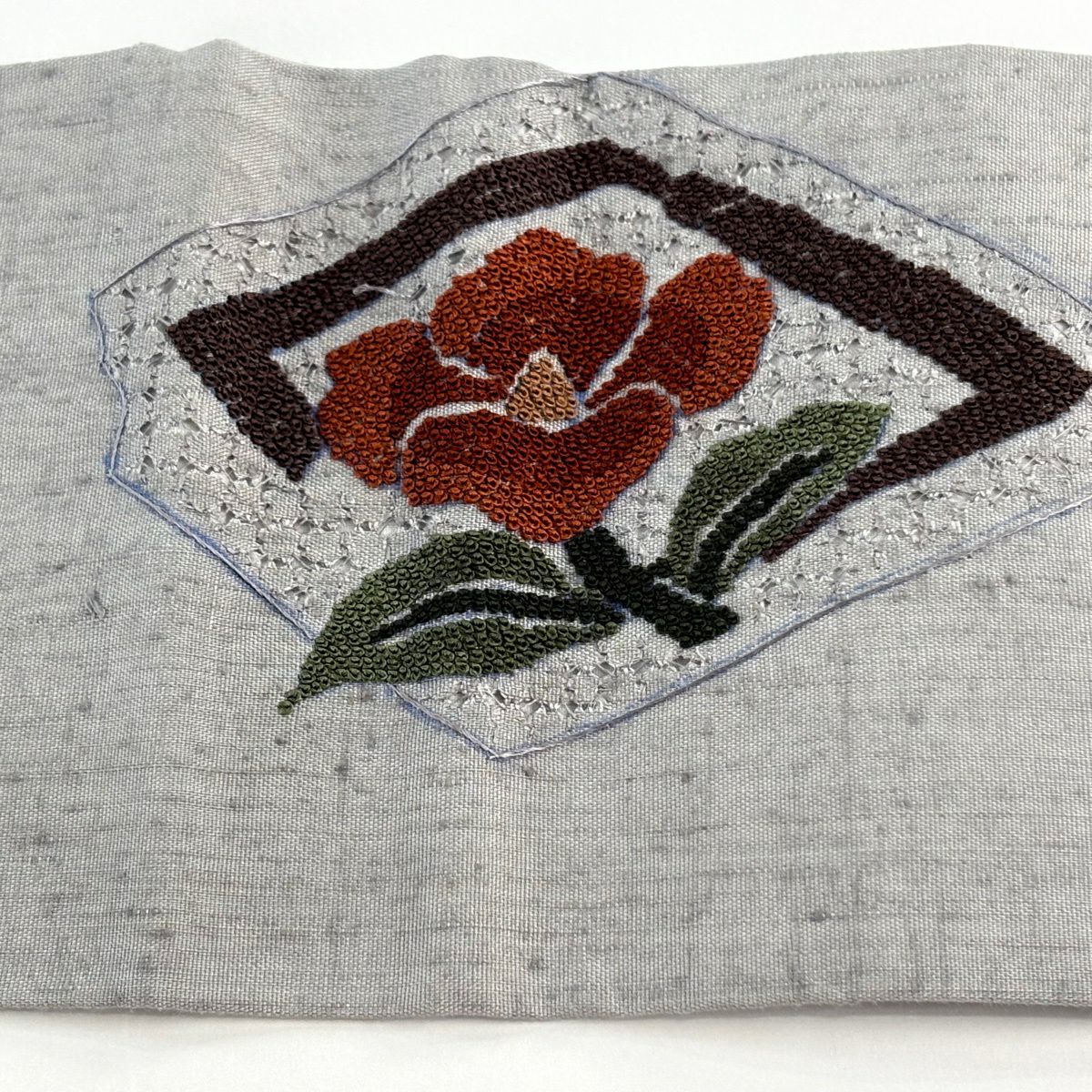 【美品】名古屋帶 秀品級 草花紋刺繡 紬織織 灰色 純蠶絲