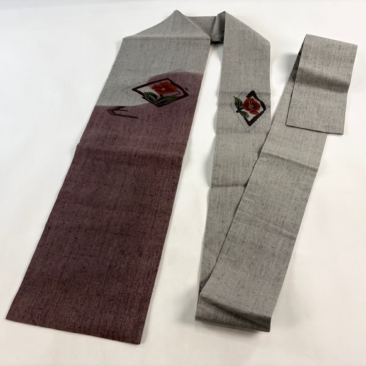 【美品】名古屋帶 秀品級 草花紋刺繡 紬織織 灰色 純蠶絲