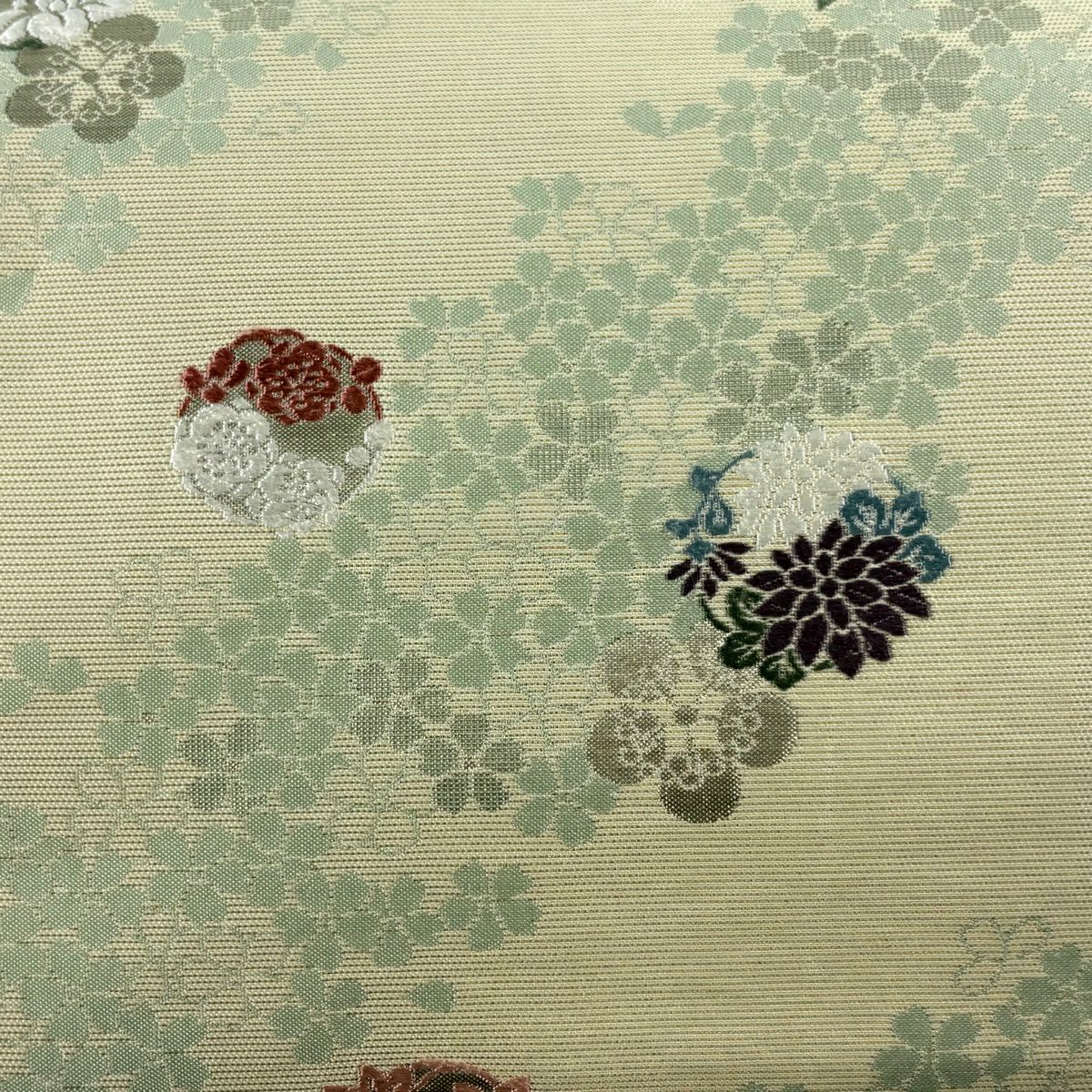 【美品】 袋帶 秀品級 花丸紋 梅花鉢 金金箔 淺黃 六通 純蠶絲