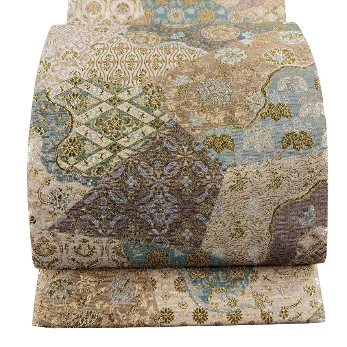 【美品】 袋帶 秀品級 寄花紋 草花紋 金絲 金金箔 米色 六通 純蠶絲