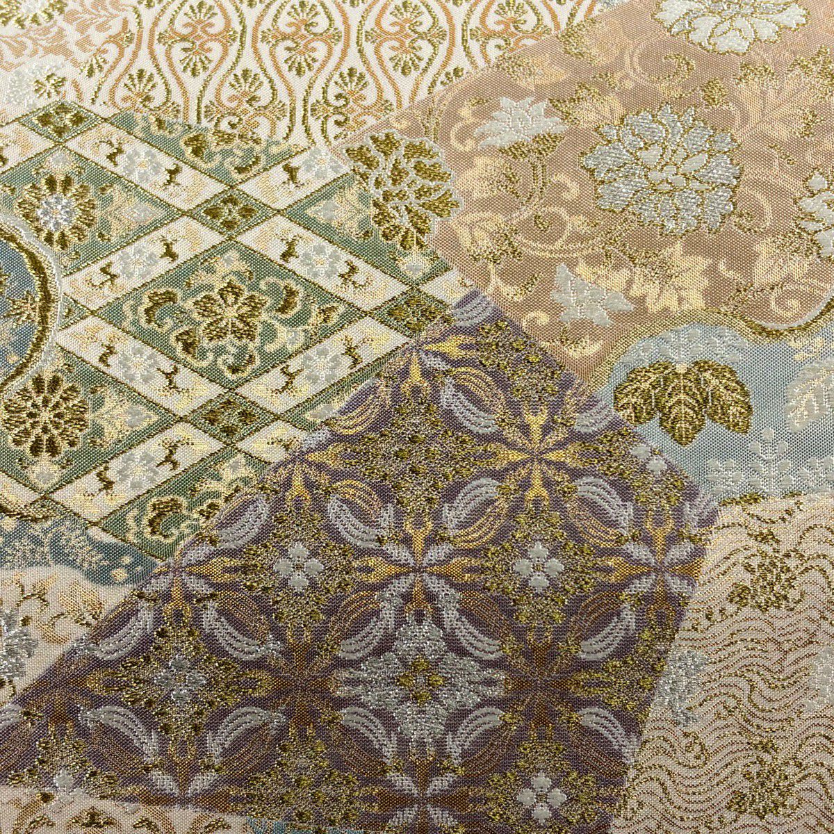 【美品】 袋帶 秀品級 寄花紋 草花紋 金絲 金金箔 米色 六通 純蠶絲