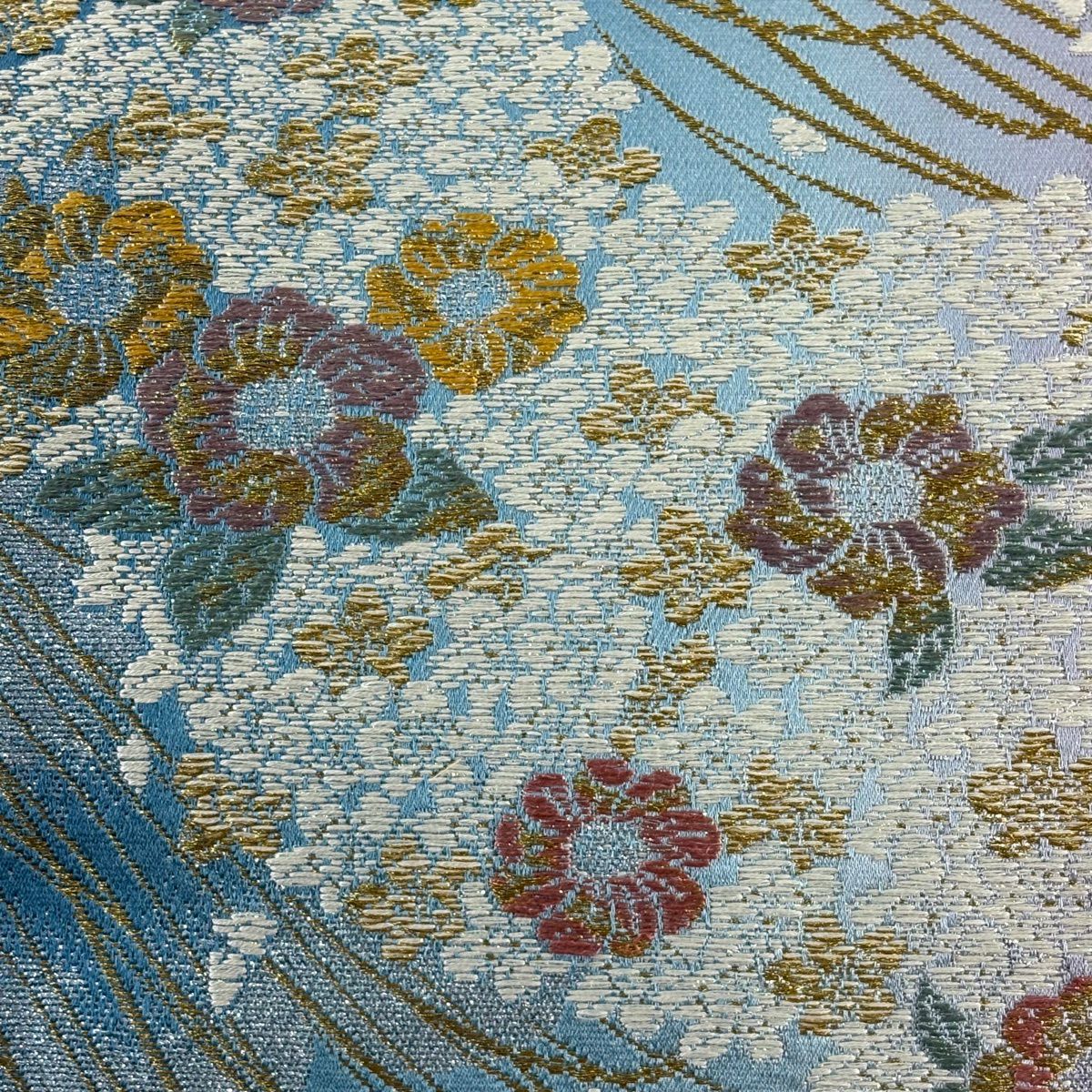 【美品】 袋帶 秀品級 草花紋紋 金銀彩 金金箔 青綠 六通 純蠶絲