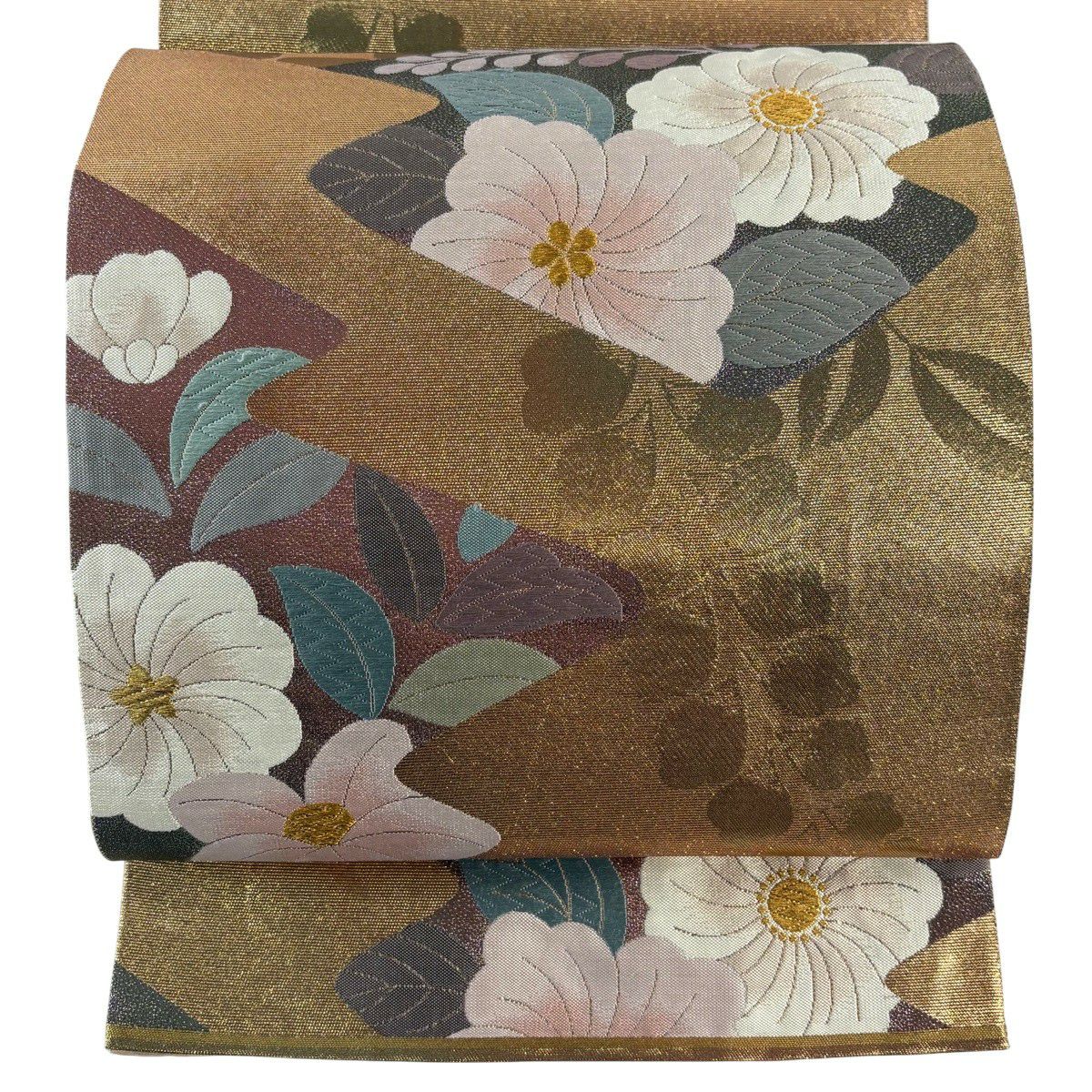 【美品】 袋帶 秀品級 草花紋紋 唐織 金金箔 金色 全通 純蠶絲