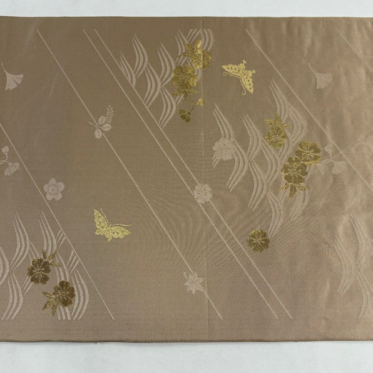 【美品】 袋帶 秀品級 草花紋紋 唐織 金金箔 金色 全通 純蠶絲