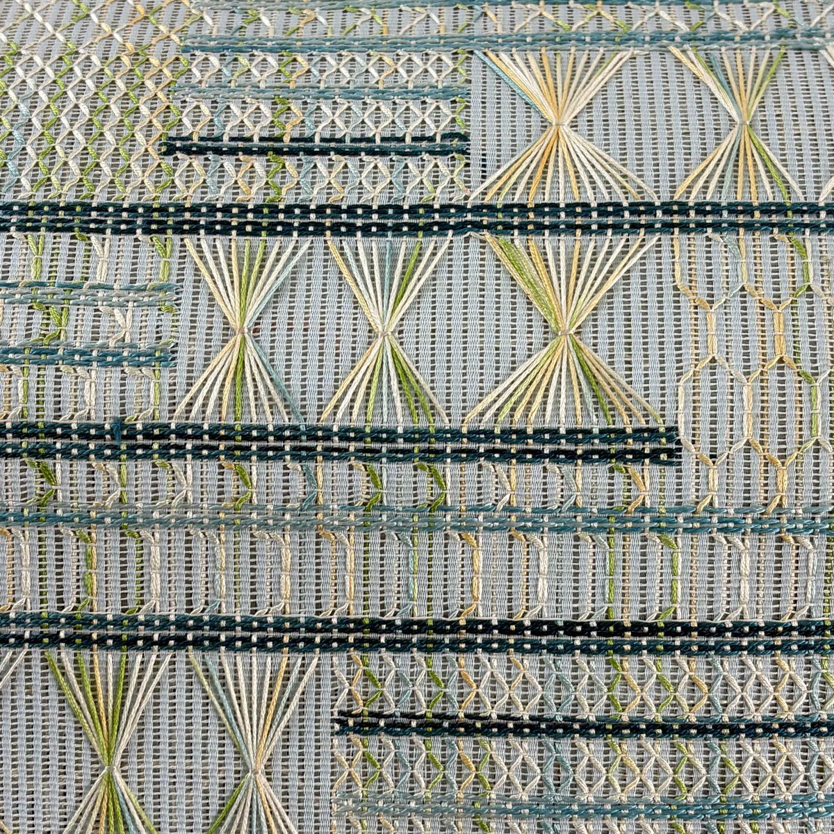 【美品】名古屋帶 秀品級 夏帶 八寸名古屋帶 松樹葉仕立 雜幾何 水藍 純蠶絲
