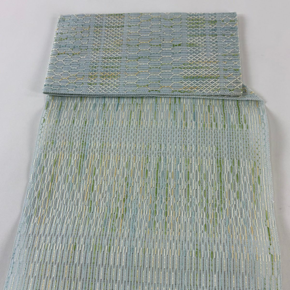 【美品】名古屋帶 秀品級 夏帶 八寸名古屋帶 松樹葉仕立 雜幾何 水藍 純蠶絲