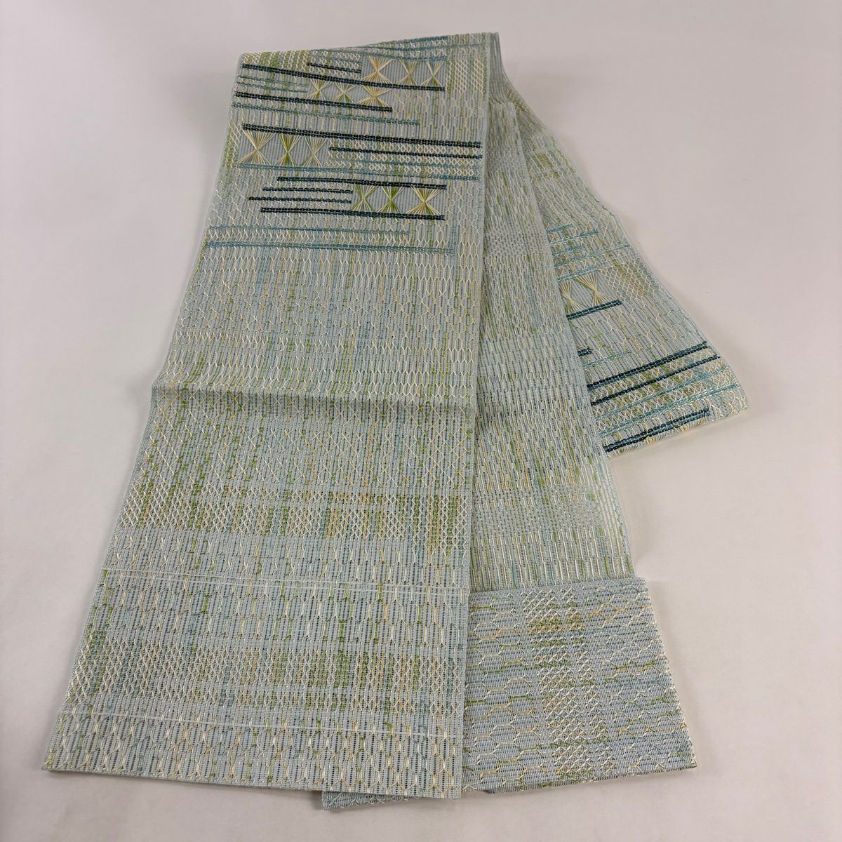 【美品】名古屋帶 秀品級 夏帶 八寸名古屋帶 松樹葉仕立 雜幾何 水藍 純蠶絲