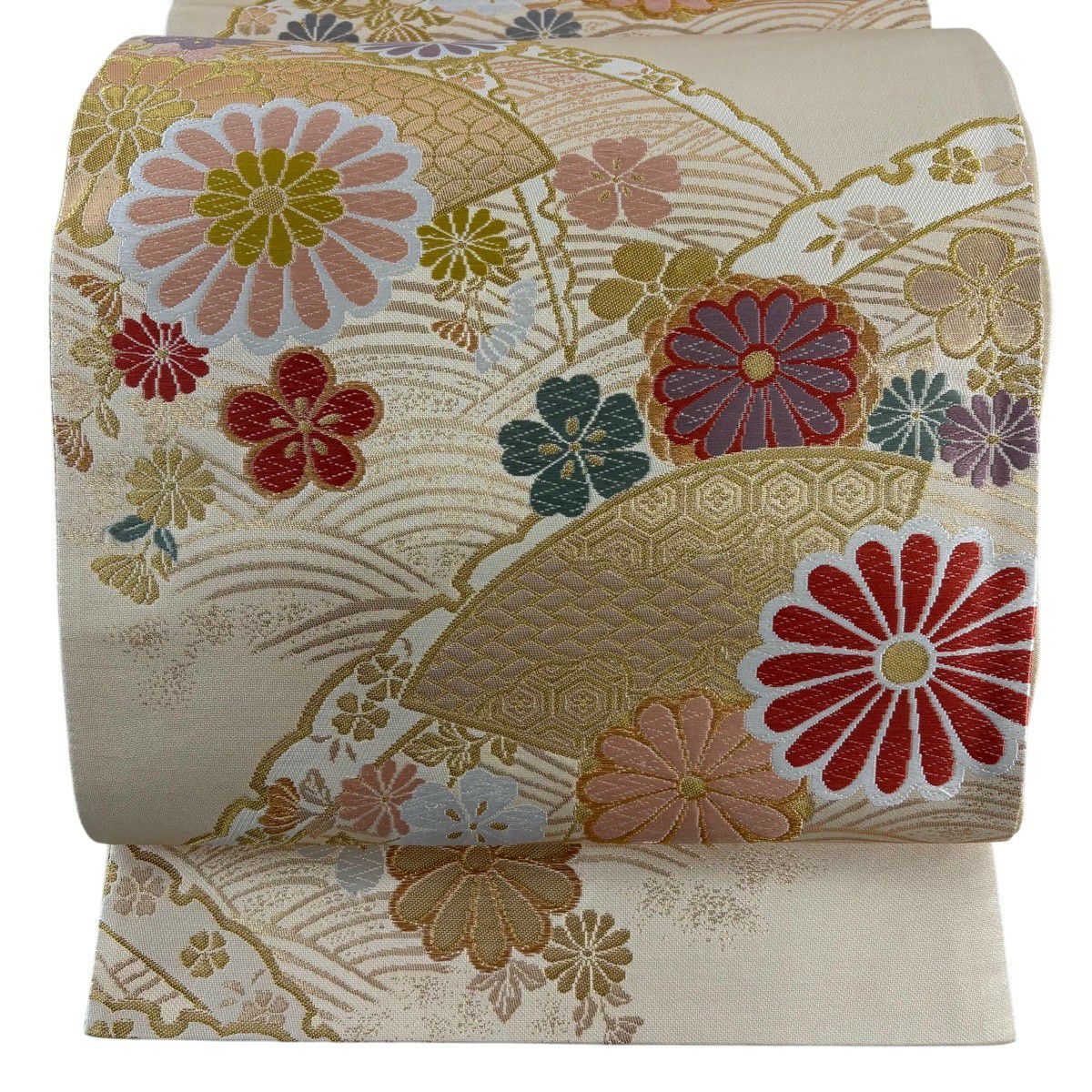 【美品】 袋帶 秀品級 扇子面 菊花 唐織 金絲 米色 六通 純蠶絲