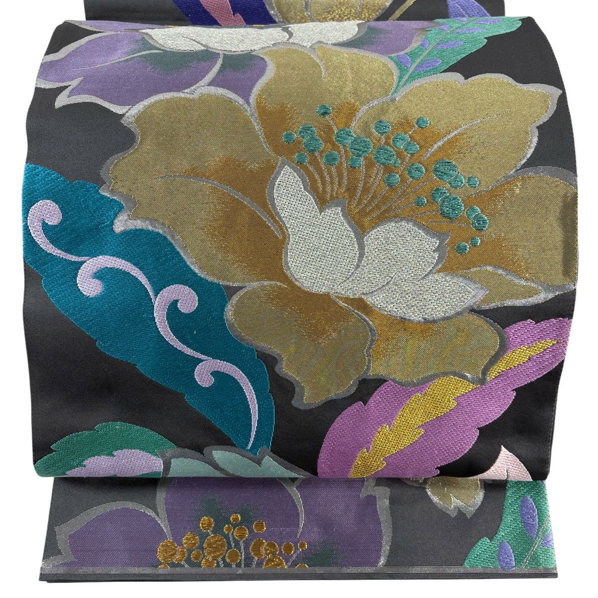 【美品】 袋帶 秀品級 草花紋 金銀彩 金金箔 黑灰 六通 純蠶絲