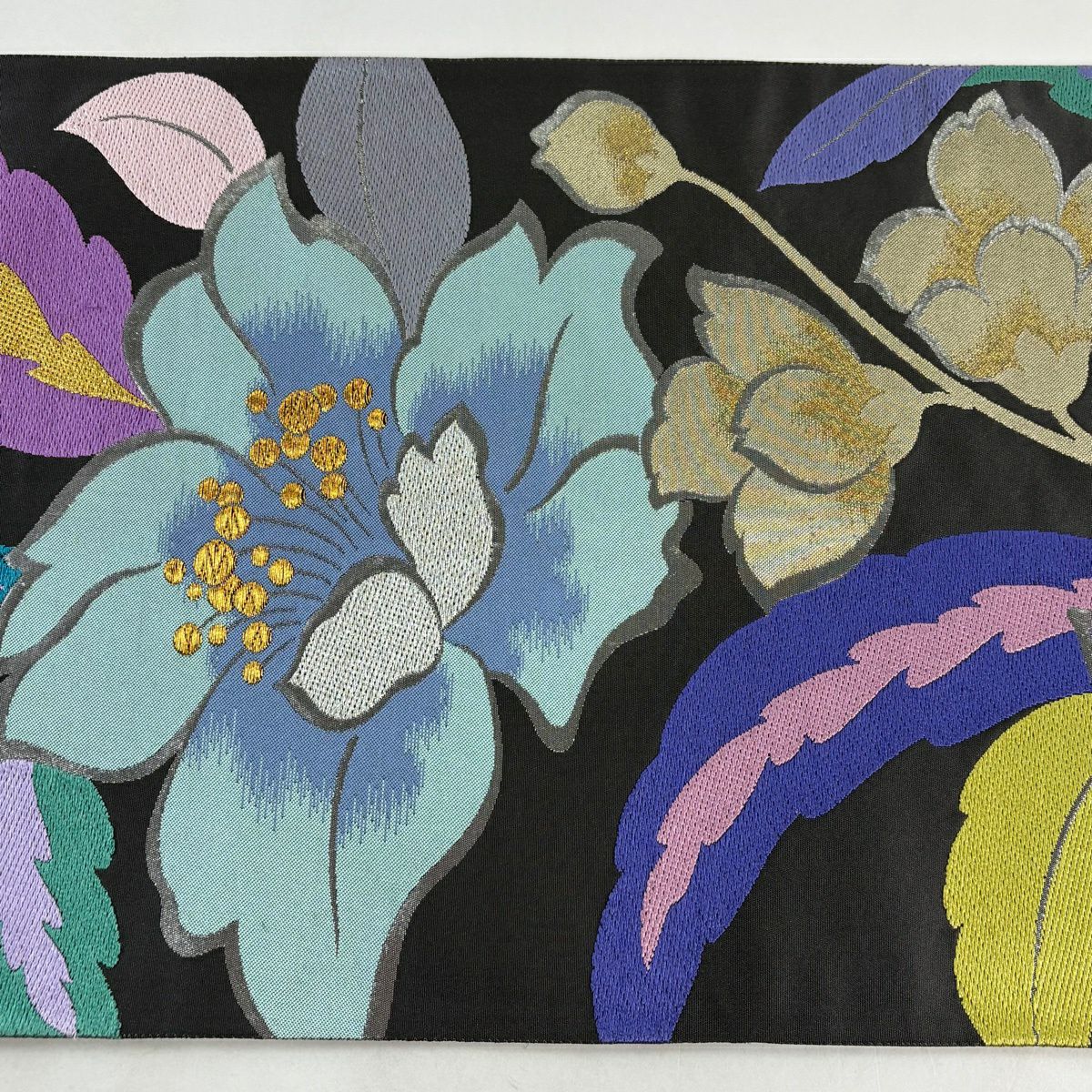 【美品】 袋帶 秀品級 草花紋 金銀彩 金金箔 黑灰 六通 純蠶絲