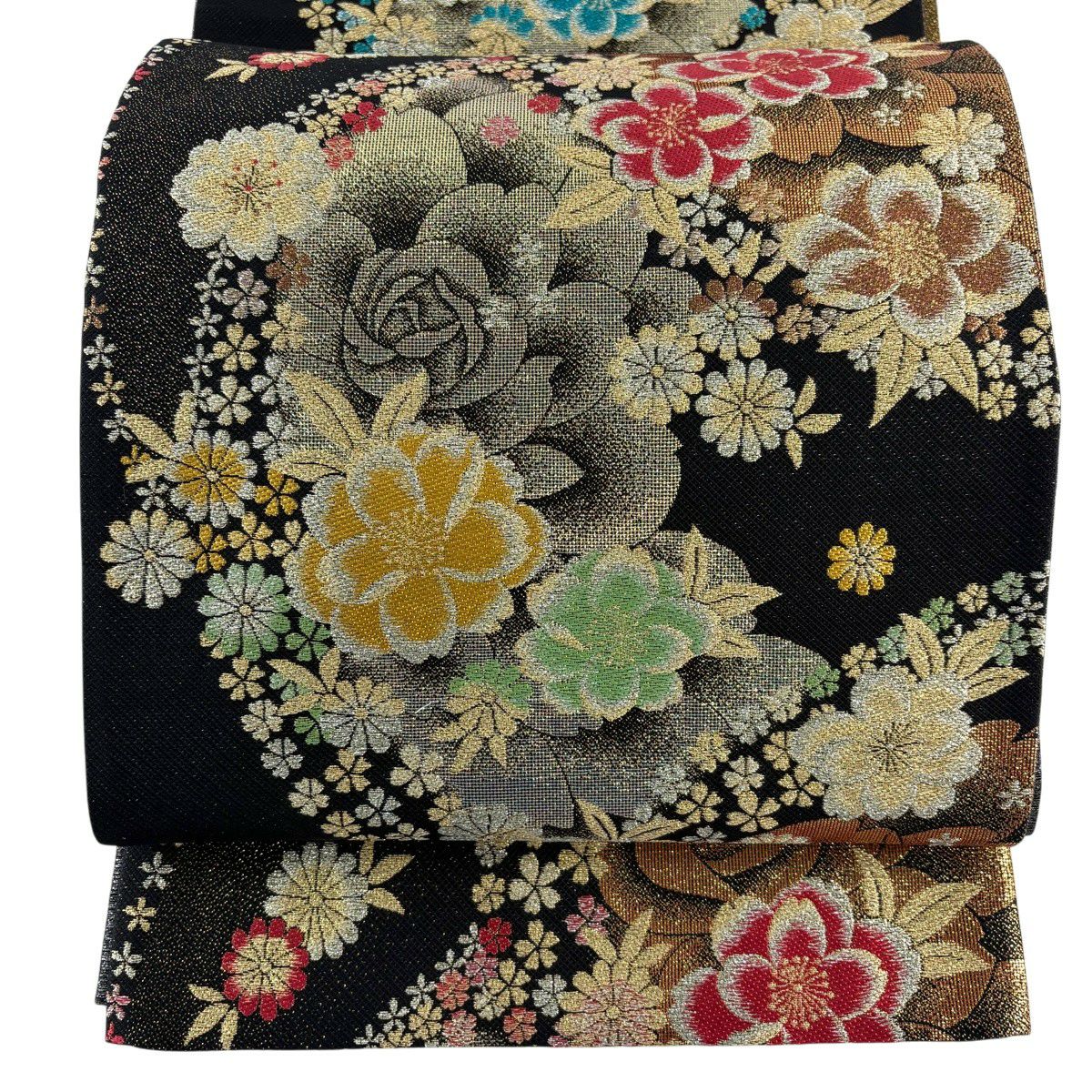 【美品】 袋帶 秀品級 振袖禮服禮服用 薔薇 草花紋 金銀彩 金金箔 黑 六通 純蠶絲